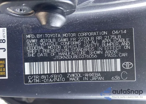 2014 Toyota Prius Two from USA, damaged, VIN JTDKN3DU8E0376056